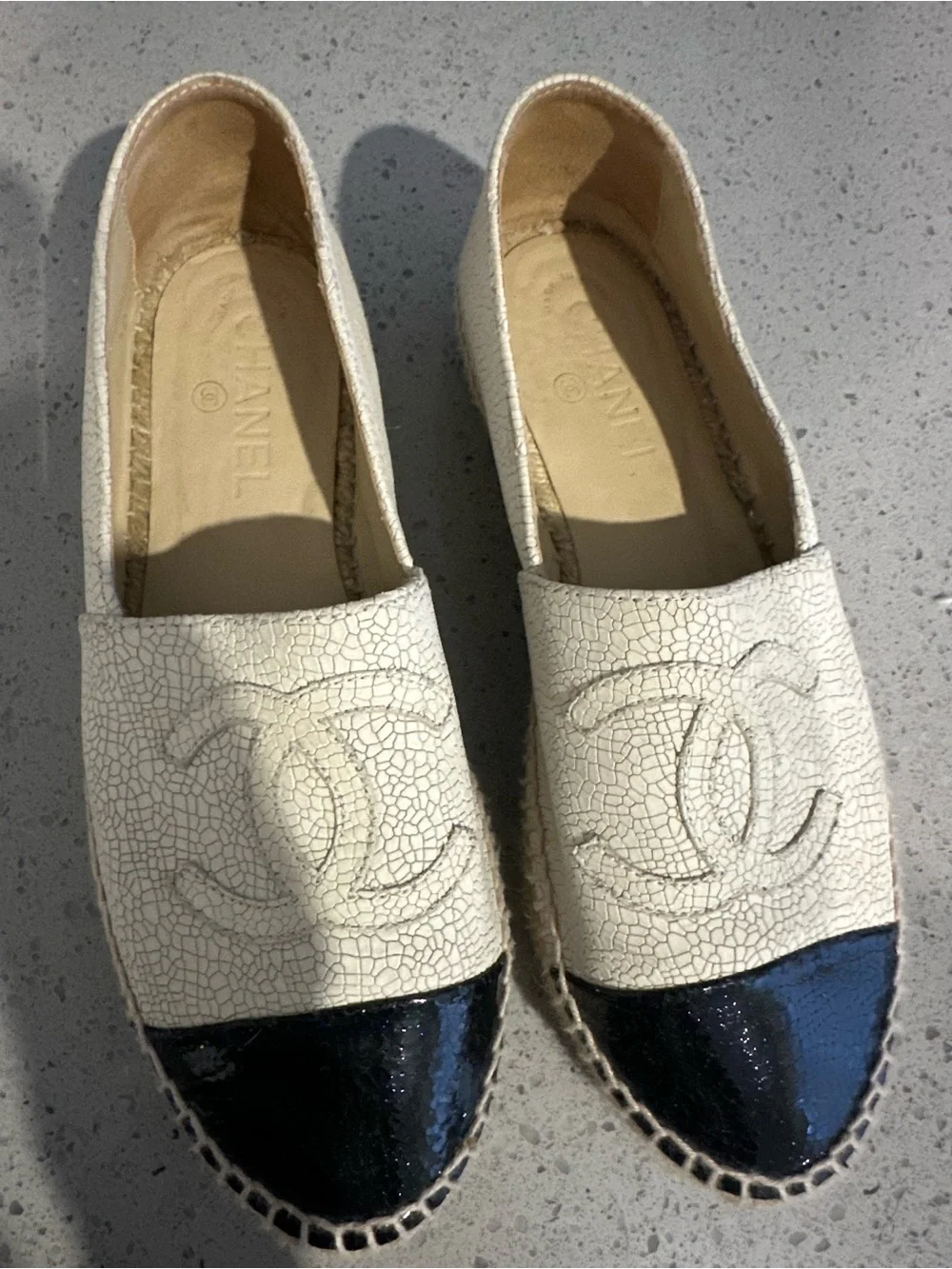 CHANEL Two-Tone Crackle Espadrilles in Cream and Black